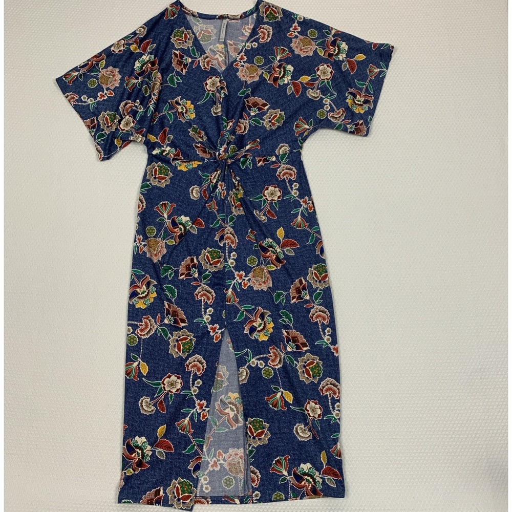 DNA Couture Floral Maxi Dress Blue Twist Front Side Slit Sz L (Fits S/M)